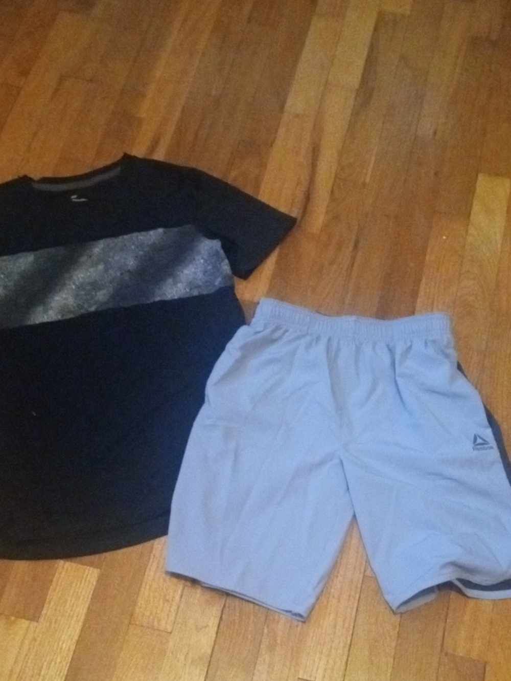 Black Graphic Athletic Tee & Light Gray Reebok drifit Shorts boys XL